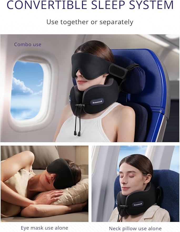 Travel Pillow, Neck Pillow Airplane with 3D Eye Mask & Seat Strap for Long Flight Sleep Road Trip, Dual-Density Supportive Foam, 360°Support Head, Neck & Chin Travel Essentials Grey & Red
