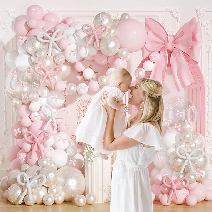 Pink Bow Birthday Decorations,220Pcs Pink Bow Balloon Arch Kit with 260 Clear Double Stuffed Pearl Balloons Ribbon Bow Pearl Stickers for Bow Coquette Birthday Bachelor Bridal Baby Shower Wedding