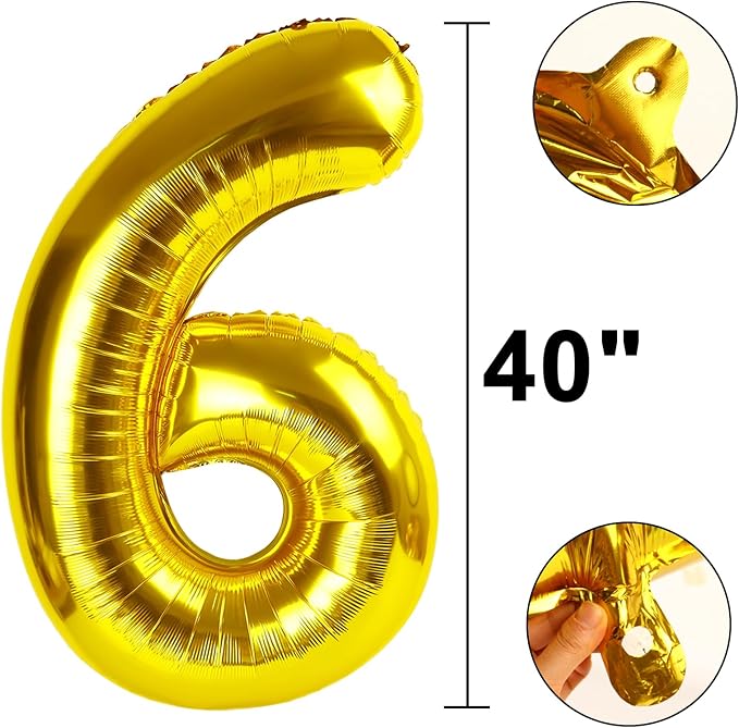40 Inch Gold Balloon Number 6 Balloon,6 Foil Mylar Helium Large Digital Balloon Gold Birthday Numbers Jumbo Balloons 16th or 61st Anniversary Party Decorations Supplies