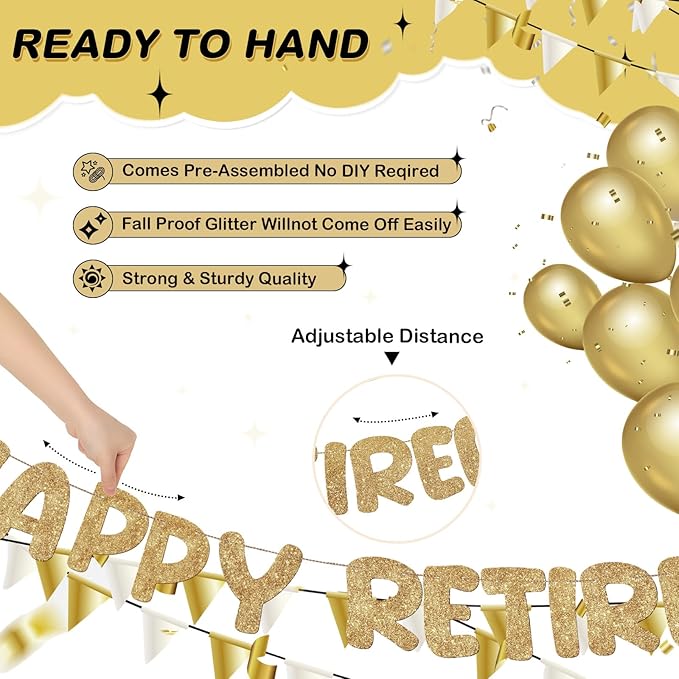Fulmoon Pre Strung Happy Retirement Banner Glitter Retirement Sign Funny Official Retired Decor Party Decorations Supplies for Men Women Gifts (Champagne Gold)