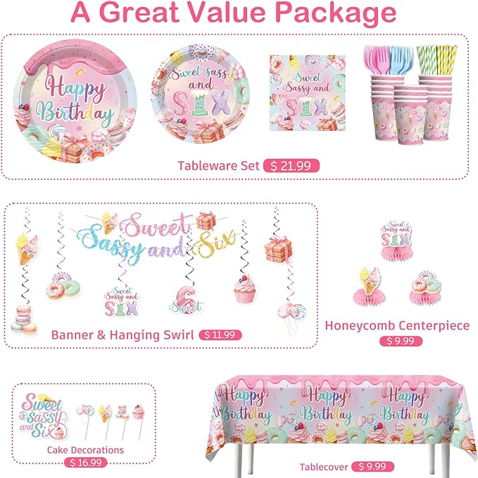 180pcs Sweet Sassy and Six Birthday Decorations with Tableware Set, Banner, Hanging, Tablecloth, Cake Topper, Centerpieces, Balloon, for 6 Year Old Girl Birthday Decorations, Serves 25