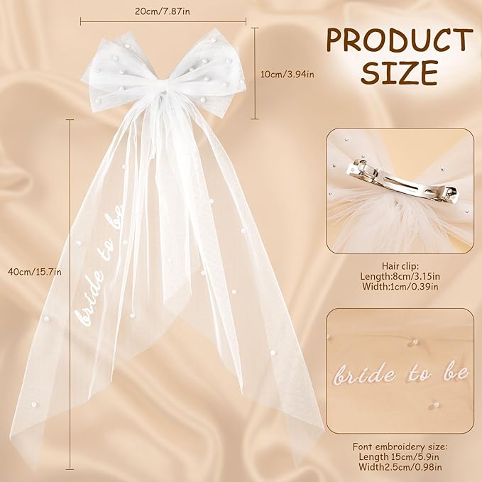 Bride to Be Embroidered Hair Bow Veil for Bachelorette Party Bridal Shower Tulle Pearl 2 Tier Bow Veil Engagement Accessory Bride Gift Velos De Novia (Style A)