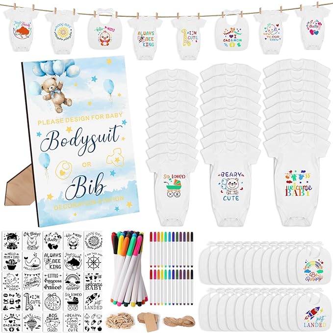 201 Pcs Baby Shower Set Baby Shower Game Sign Baby Bib Bodysuit White Baby Bib Newborn Bodysuit Baby Shower White Decorating Kit(New Blue Bear)