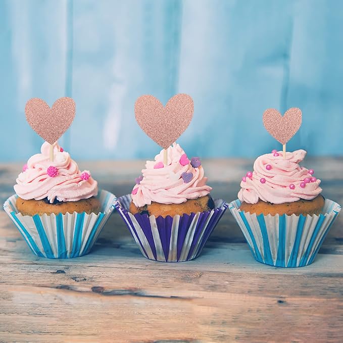 30 PCS Love Heart Cupcake Toppers Glitter Mixed Size Wedding Engagement Cupcake Picks Decorations for Wedding Anniversary Bridal Shower Birthday Valentine's Day Party Supplies Rose Gold
