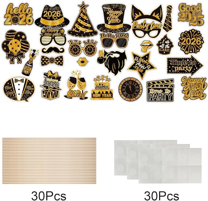 30 PCS New Year Photo Booth Props 2026, New Year’s Eve Photo Booth Props, New Year Decorations, New Year’s Eve Party Supplies Favors for Pictures