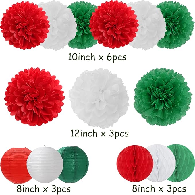 Red Green White Paper Flowers Tissue Pom Poms Honeycomb Lanterns 15pcs Christmas Party Decorations Mexican Italian Birthday Wedding Baby Shower Bachelorette Hanging Supplies Mprocherify