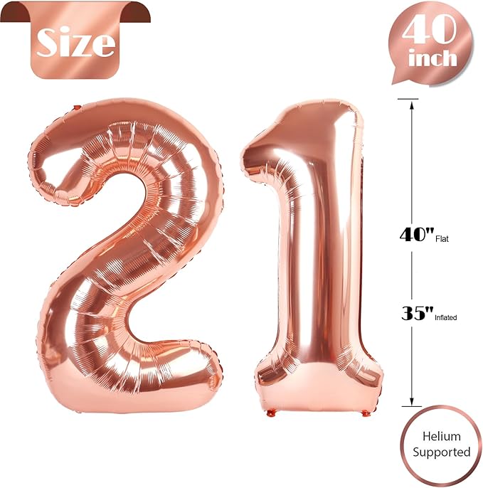 21 Balloon Number, Rose Gold Number 21st Birthday Balloons 40 Inch, 21 or 12 Years Old Rose Gold Birthday Decorations for Men Women Him Her, 21st Anniversary Decorations
