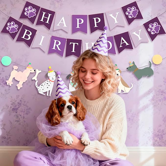 Dog Themed Puppy Paw Happy Birthday Banner for Boys Girls DIY Party Supplies (Colours+Purple)