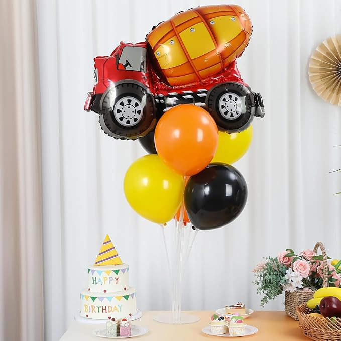 Construction Party Balloons Stand Kit 2 Sets with 2 Construction Truck Foil Balloons Black Orange Yellow Party Balloon Centerpiece for Tables for Boy Girl Excavator Birthday Baby Shower Parties Decor