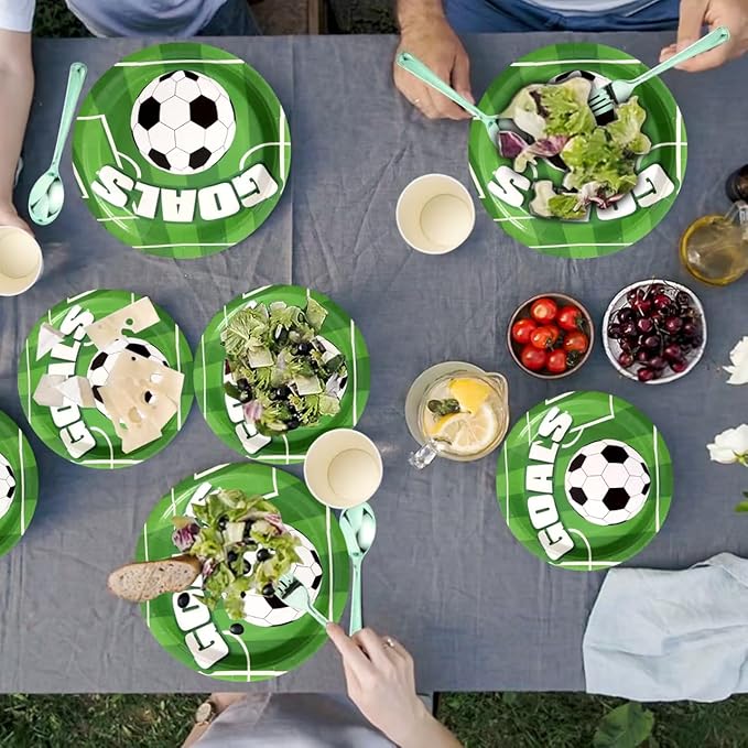 175 Piece Soccer Themed Disposable Plate Set for 25 Guests Party Supplies, Soccer Party Plates, Napkins, Cups, Knives, Forks and Spoons for Boys Game Day Decorations