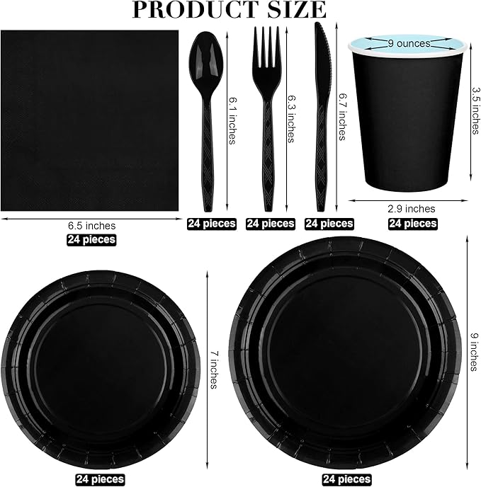 ADXCO 169 Pieces Black Party Supplies Include Black Plates and Cups Paper Napkins Plastic Forks Knives Spoons Tablecloth Serve 24 Guests for Wedding Birthday Party Decorations