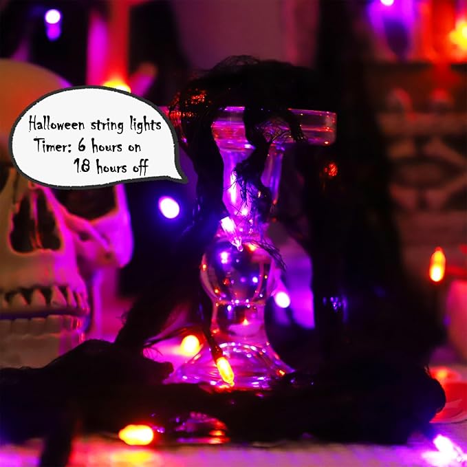 YAOZHOU Battery Powered Halloween String Lights, Orange and Purple Indoor 30LED with Black Gauze Timer, 8 Mode Battery Operated 9.9Ft Creepy Cloth Spooky Decorations, Gothic Party Room Decor (1PACK)