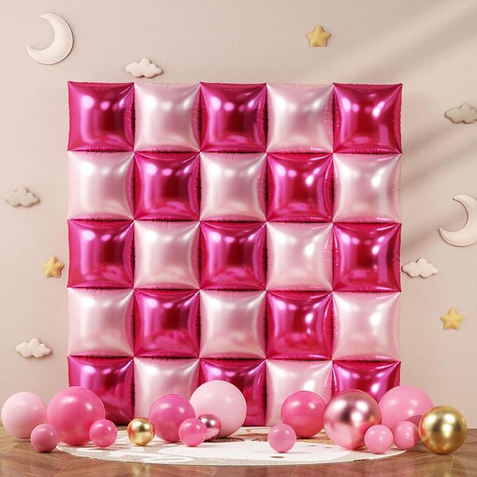 Metallic Magenta Hot Pink Flat Square Foil Balloons Backdrop Wall, Double Sided Tunnel with Latex Pink Balloon Arch Garland Kit for Valentine's Day Anniversary Bridal Wedding Birthday Party Decoration