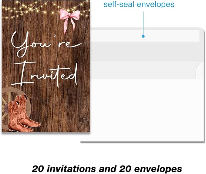 Soiceu Rustic Boots or Bows Gender Reveal Party Invitations with Envelopes Set of 20 Country Gender Reveal Invites Fill in Blank