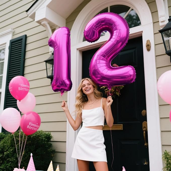 40 Inch Large 12 Balloon Numbers Rose Purple Big Foil Number Balloons Giant Helium Happy Birthday Party Decorations for Man and Women, Huge Mylar Anniversary Party Supplies
