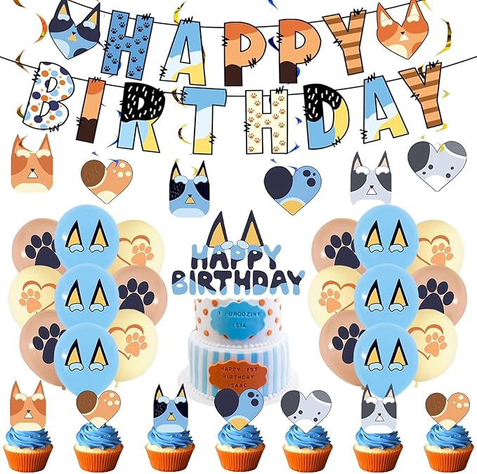 Blue Dog Birthday Decoration Set, Cartoon Happy Birthday Banner, Party Supplies with Banner, Hanging Swirl, Honeycomb