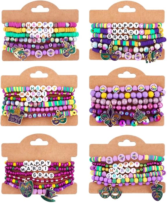 Cooluckday 36 Pcs Holiday Heishi Surfer Bracelets for Women Bulk Easter Mother's Day Christmas St. Patrick's Day Mardi Gras Bracelet Stackable Stretch Friendship Bracelets Set