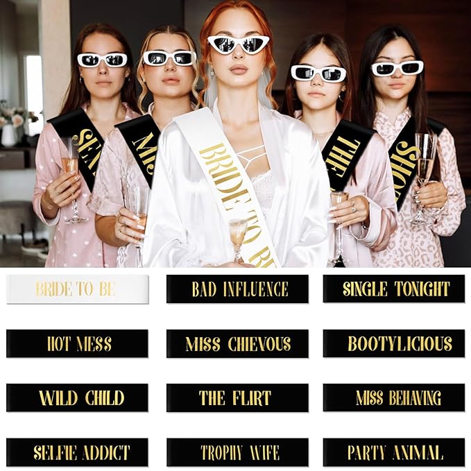 18 Piece Bachelorette Party Sashes Set - 1 White Bride Sash & 17 Black Bridesmaid Sashes with Gold Lettering, Pre - Wedding Bridal Shower Favors