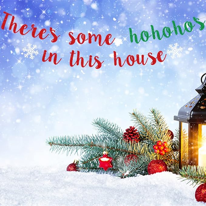 There's Some Ho Ho Hos in This House Banner, Glittery Red Green Christmas Party Decorations Banners Winter Holiday Garland Photo Props Banner for Party Home Office Decorations