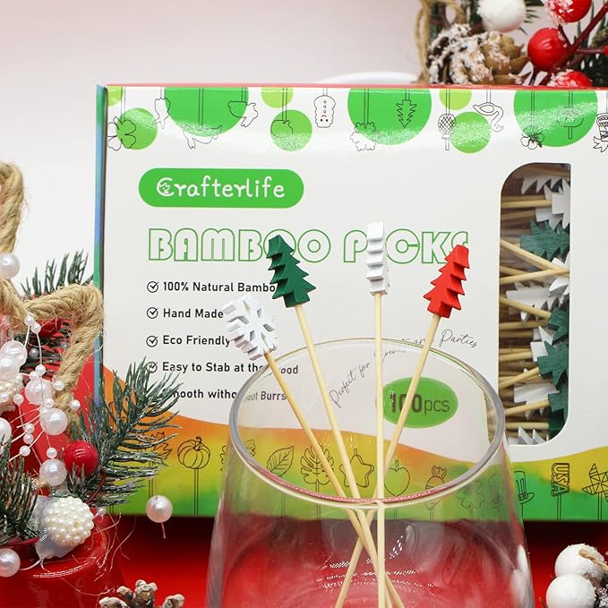 100pcs Xmas Tree Snowflake Cocktail Picks 4.7" Long Food Toothpicks Fruit Sticks Sandwich Appetizer Charcuterie Skewers, Made of Bamboo Wood, for Winter Snow Christmas Decoration Party Supplies
