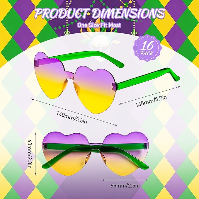 16 Heart Rimless Sunglasses Retro Colored Party Glasses Bulk Gradient Transparent Fun Eyeglasses for Unisex Adult