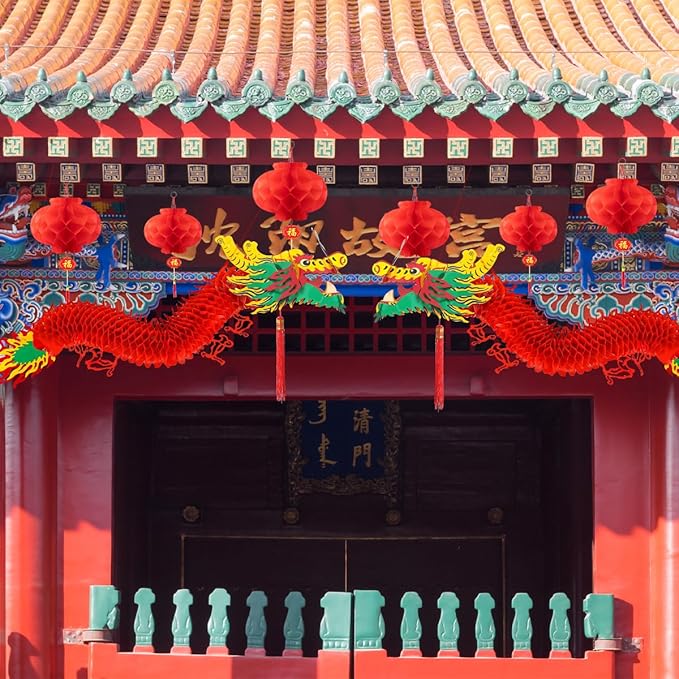3D Chinese New Year Decorations 2026, Chinese Dragon Decoration with 1 Dragon and 12 Red Plastic Paper Lanterns for Spring Festival Party Lunar New Year Decorations 2026