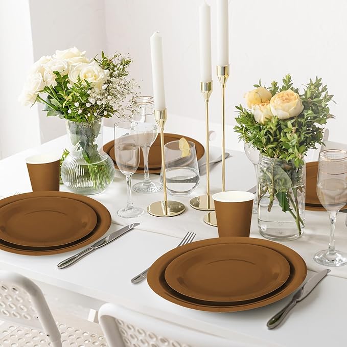 Whaline 100Pcs Brown Tableware Set Fall Disposable Dinnerware Set 50Pcs Paper Plates 25Pcs Napkin 25Pcs Cups for Wedding Birthday Bride Shower Party Supplies Table Decor
