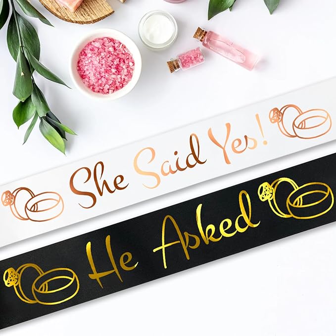 He Asked & She Said Yes Sashes Kit, Funny Rose Gold Bride to Be Sash & Gold Groom to Be Sash for Wedding Engagement Bachelorette Bridal Shower Party Decor Favors Funny Gifts (White and Black)