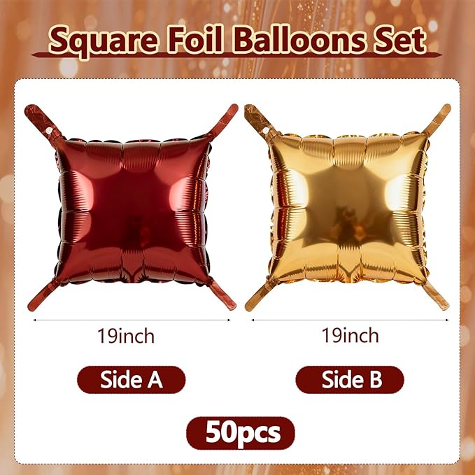 50PCS Metallic Burgundy and Gold Square Balloons Wall,19'' Reusable DIY Mylar Double Balloons Garland Tunnel Arch Kit for Baby Shower Anniversary Bachelorette Birthday Engagement Bridal Decor ﻿