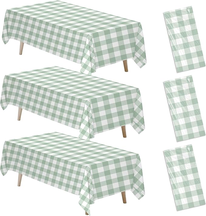 Sage Green Gingham Party Tablecloth Decorations, 3 Pack Green Checkered Disposable Plaid Party Supplies Tablecover, for Birthday Baby Shower Bridal Wedding, 55in x 86in