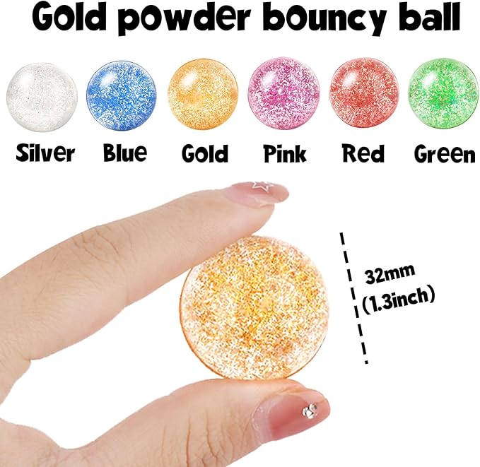 Hxezoc 24 Pcs Glitter Bouncy Balls for Kids, 32mm 6 Colors Rubber Bounce Balls Bulk for Party Favors, Goodie Bag Fillers, Easter Gift Bag Stuffers, Basket Stuffers, Classroom Prizes