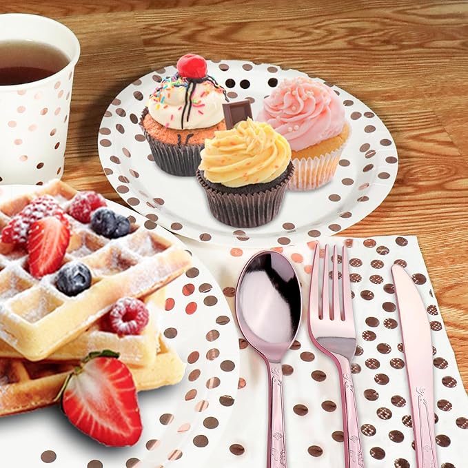 176 Pieces Gold Disposable Party Dinnerware Set &Golden Dot Disposable Party Dinnerware - Black Paper Plates Napkins Cups, Gold Plastic Forks Knives Spoons (25 Guests,176 Pieces)