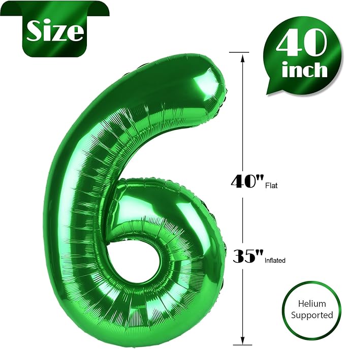 Green Number 6 Balloon 40 Inch, 6 Balloon Number, 6th Birthday Decorations, Green Party Supplies for Boys Girls
