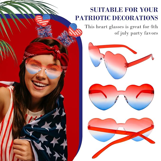 Semato 2 PCS Patriotic Party Accessories Heart 4th of July Headband and Red White Blue Heart Sunglasses