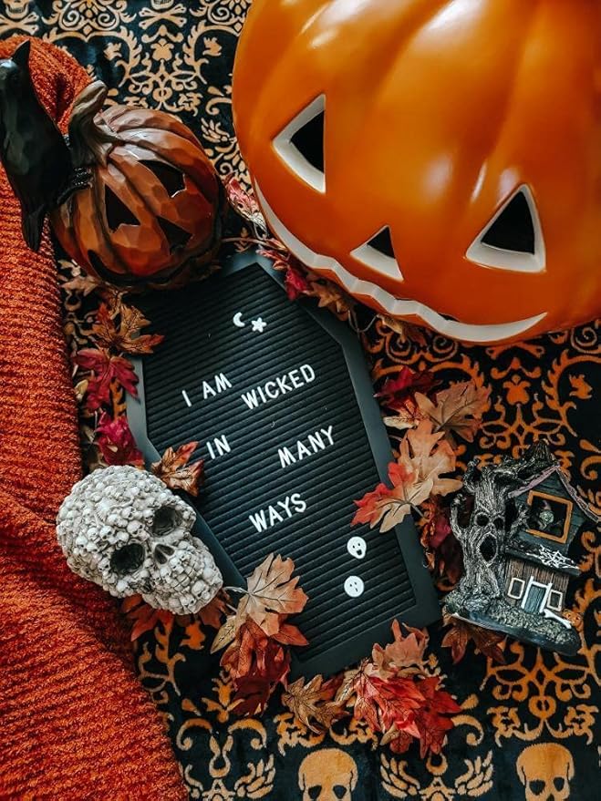 Nomnu Coffin Letter Board Black +3D Bat Stickers +650 Characters, Spooky Seasonal Emojis, Wooden Stand - 17x10.5 Inches - Coffin Shaped Goth Decor Sign Halloween Decorations Gothic Decor Birthday Home Spooky Gifts