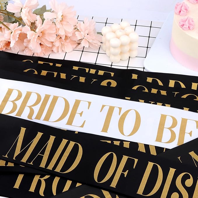 18 Piece Bachelorette Party Sashes Set - 1 White Bride Sash & 17 Black Bridesmaid Sashes with Gold Lettering, Pre - Wedding Bridal Shower Favors