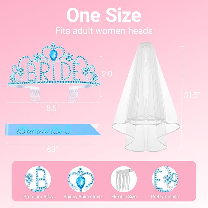 3Pcs Bride to Be Sash with Crown and Veil for Bachelorette Party Decorations，Bridal Shower Accessories for Gift, Favors