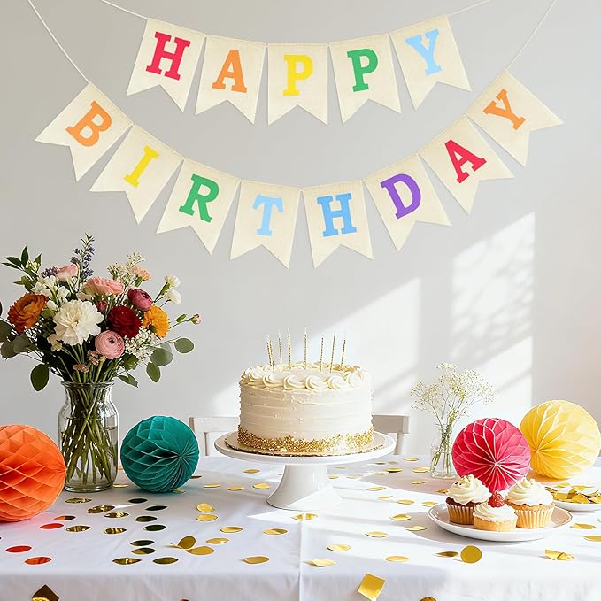Anwyll Happy Birthday Banner - NO DIY Burlap Happy Birthday Banner Sign Happy Birthdays Party Decoration Happy Birthdays Banners Bunting for Women Men Girl Boy Celebration Party Backdrops (Rainbow)