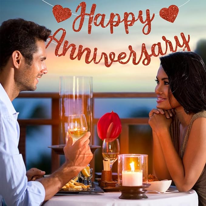 BEISHIDA Glitter Red Happy Anniversary Banner, Pre-Strung Happy Anniversary Banner,NO DIY - Happy Anniversary Garland, Happy Anniversary Sign for Anniversary Wedding Valentine's Day Party Decorations