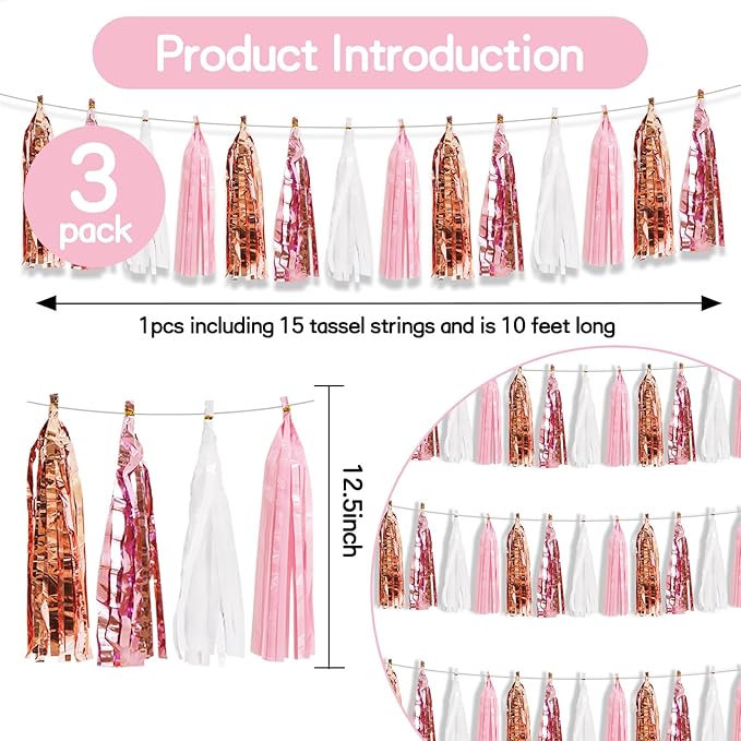 BEISHIDA 3 Packs White Pink Rose Metallic Foil Fringe Tassel Garland Banner Streamers for Girl Birthday Bridal/Baby Shower Wedding Engagement Valentine's Day Anniversary Women's Party Decoration