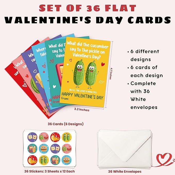 Pawzity 36 Packs Valentines Day Cards for Kids - Funny Valentines Day Gifts for Kids Classroom School Party Favors, Boys, Girls, Toddlers - 3.2''x 4.7'' Puns 6 Designs Exchange & Envelopes, Stickers