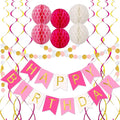 Pink Birthday Decorations with Happy Birthday Banner, Paper Honeycomb Balls, Circle Garland and Hanging Swirl Decorations