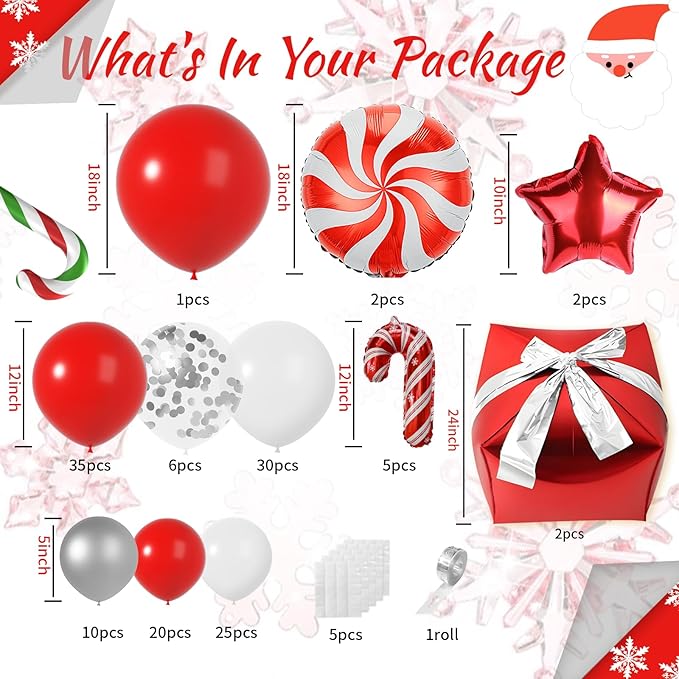 144Pcs Xmas Balloons Arch Kit Christmas Decorations of Candy Cane Red Windmill Stars Gift Box Foil Balloons, Silver Confetti and Red White Balloon Garland Arch for Holiday Xmas Party Decor