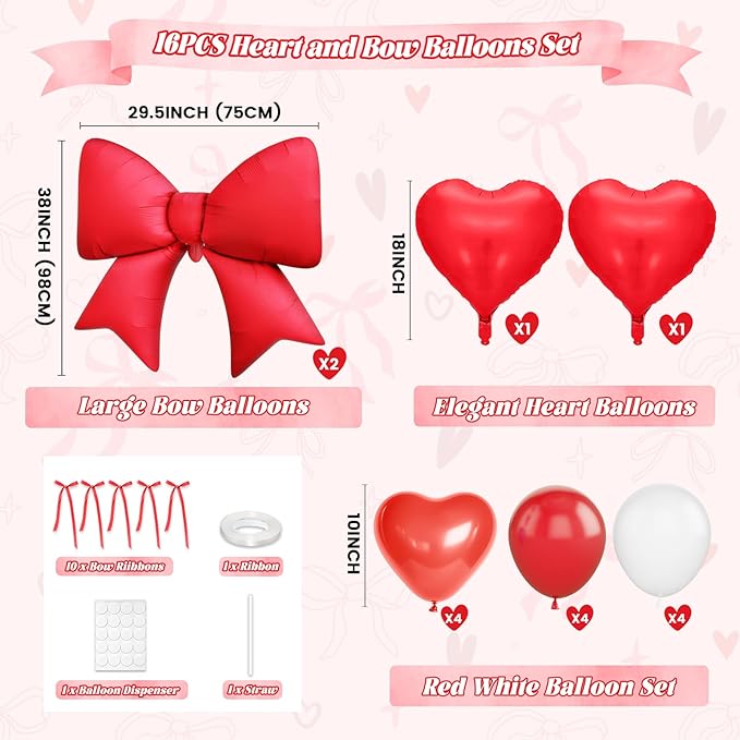 Red Heart Balloons, 38 Inch Bow Balloons, 16Pcs Red White Valentines Balloon Foil Balloon with Bow Ribbons for Birthday Wedding Bridal Baby Shower Valentines Day Decorations
