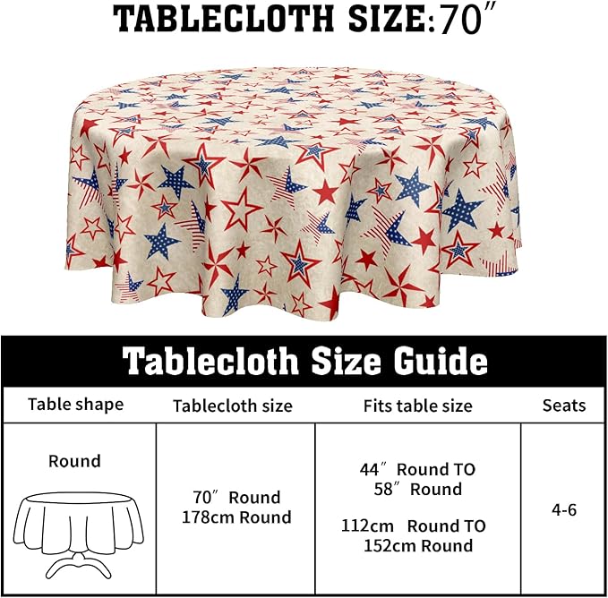 Vintage Fourth of July Tablecloth Round 70 Inch 4th of July Patriotic Outdoor Table Cloth Rustic USA Memorial Day Table Cover for Kitchen Dinner Room Holiday Party Home Independence Day Decor