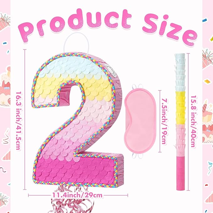 WERNNSAI Pink Sweet Two Piñata - Number 2 Piñata Happy Birthday Decoration Pink Rainbow Design Party Games for Girl Princess Baby Shower Party Favor with Blindfold Anniversary Celebration Supplies