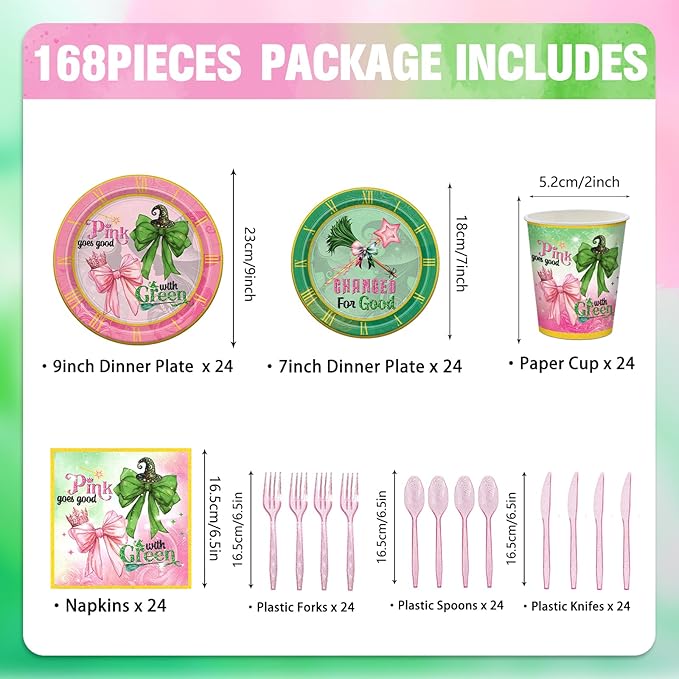 168Pcs Witch Party Supplies Pink Green Paper Plates Napkins Disposable Tableware for Birthday Party Decorations Serve 24 Guests
