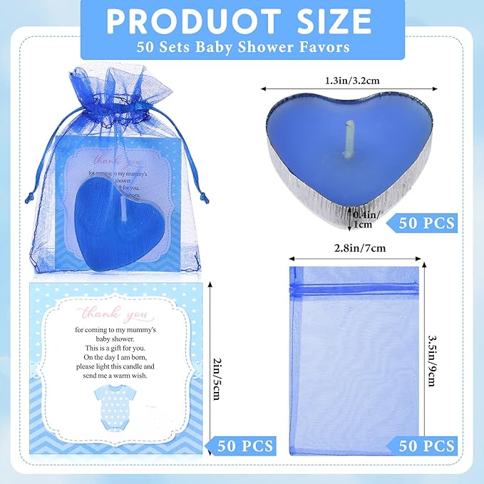 50 Sets Baby Shower Favors Candle Include 50 Pcs Heart Shaped Tealight Guests Baby Shower Candles Tealight with Thank Cards and 100 Pcs Gift Bags for Gender Reveal(Blue)