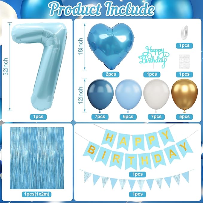 7th Birthday Decorations Blue White Gold,7th Birthday Balloons with Happy Birthday Banner Fringe Curtain Heart Foil Balloons for Boys Girls 7 Year Old Birthday Decor