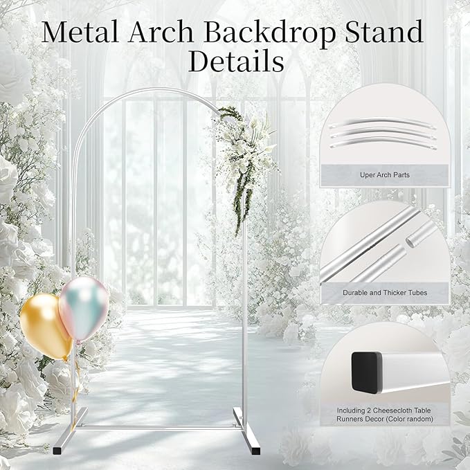 Metal Arch Backdrop Stand Set of 3, Heavy-Duty Balloons Arch Frame for Wedding Ceremony, Party, Baby Shower, Birthday Decorations (White, 7.2ft+6.6ft+6ft)